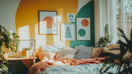 A cozy bedroom featuring vibrant color scheme with orange and green walls. room is adorned with framed artwork, comfortable bed with various pillows, and plants that add touch of natureの素材