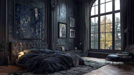 A luxurious bedroom featuring dark walls, elegant decor, and large windows that allow natural light to illuminate space. room exudes cozy yet sophisticated atmosphere, perfect for relaxationの素材