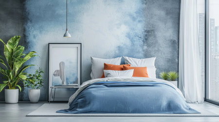 A modern bedroom featuring cozy bed with white and orange pillows, blue blanket, and stylish wall with gradient design. room is brightened by natural light from large windows, complemented by indoorの素材