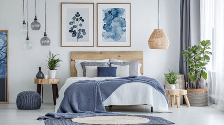 A serene bedroom featuring cozy bed adorned with blue blanket, stylish wall art, and elegant lighting. space is enhanced by indoor plants and calming color palette, creating tranquil atmosphereの素材