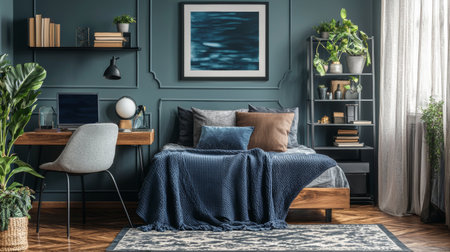 A cozy bedroom featuring stylish bed with navy blue blanket, decorative pillows, and modern desk setup. room is adorned with plants, books, and calming color palette, creating serene atmosphereの素材