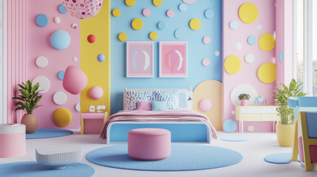 A vibrant and playful bedroom featuring mix of pink, blue, and yellow colors, adorned with circular wall decorations and soft furnishings. room exudes cheerful and modern atmosphere, perfectの素材