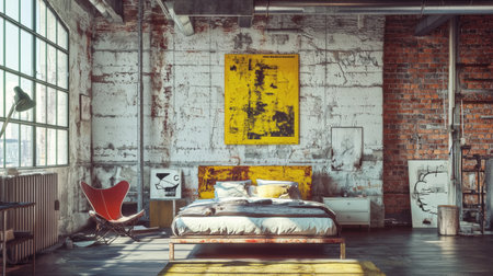 A modern bedroom featuring large window, exposed brick walls, and industrial decor. space includes stylish bed with colorful bedding, unique chair, and artistic wall pieces, creating vibrantの素材