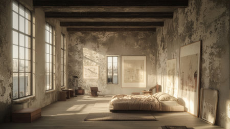A serene bedroom interior featuring minimalist design with large bed, wooden beams, and textured walls. natural light streaming through windows creates warm and inviting atmosphereの素材