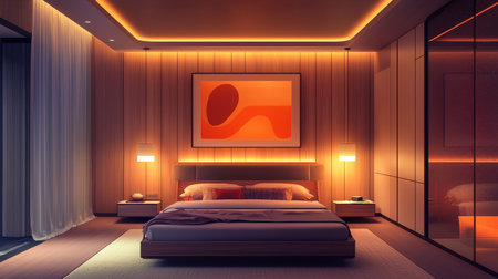A modern bedroom featuring warm ambient lighting, wooden paneling, and contemporary art. inviting atmosphere is enhanced by stylish furniture and cozy bed, perfect for relaxationの素材