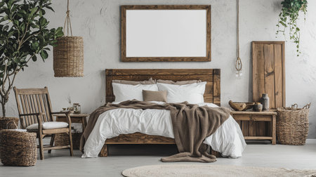 A Cozy bedroom with wooden furniture, white bedding, and natural decor elements, creating warm and inviting atmosphere. space features large mirror and plants, enhancing tranquilityの素材