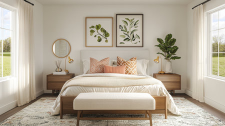 A beautifully designed modern bedroom featuring cozy bed with decorative pillows, stylish nightstands, and elegant artwork walls. natural light streaming through windows enhances serene atmosphereの素材