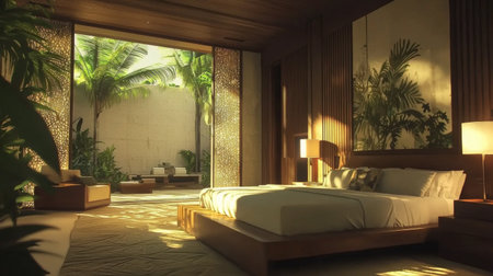 A serene bedroom featuring natural light streaming through large windows, surrounded by lush greenery. wooden decor and soft furnishings create tranquil atmosphere, perfect for relaxationの素材