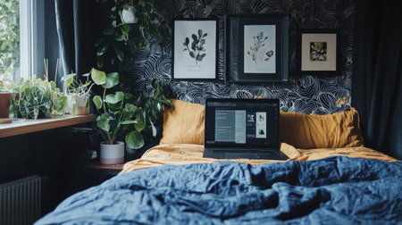 A cozy bedroom scene featuring neatly made bed with yellow bedding, laptop open bed, and framed botanical art wall. room is adorned with various indoor plants, creating serene and invitingの素材