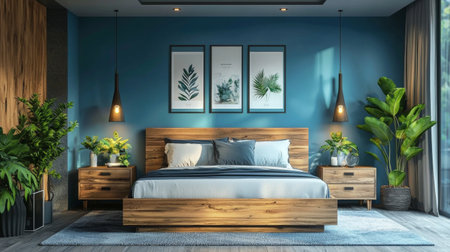 A modern bedroom featuring wooden bed frame, stylish nightstands, and vibrant green plants. blue walls and framed botanical art create serene atmosphere, perfect for relaxationの素材