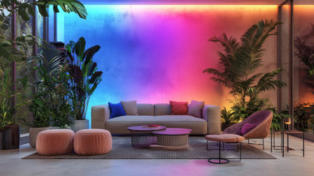 A modern living room featuring stylish sofa, colorful ambient lighting, and lush indoor plants creates vibrant and inviting atmosphere. design combines comfort and aesthetics beautifullyの素材