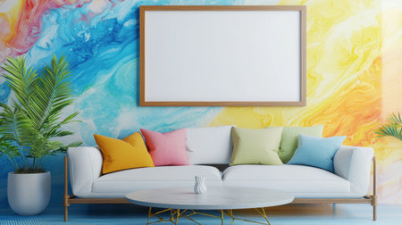 A modern living room featuring white sofa adorned with colorful cushions, set against vibrant abstract wall mural in blue and yellow. space is bright and inviting, perfect for relaxationの素材