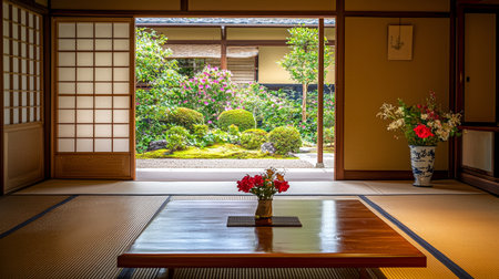 Japanese-style room with a window and flowers in a vaseの素材