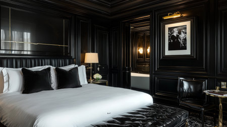 Experience the serene ambiance of an elegantly designed luxury bedroom featuring dark wood accents, plush bedding, and stylish decor for a perfect getaway.の素材