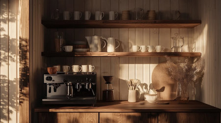 A cozy kitchen setting featuring a coffee machine, wooden shelves, and warm sunlight streaming in, creating an inviting and peaceful atmosphere perfect for morning routines.の素材