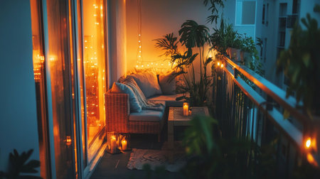 Experience a serene balcony setting illuminated by warm lights and candles. This cozy space features lush plants and a wicker sofa, ideal for relaxation.の素材