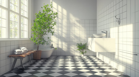A serene bathroom featuring modern design, large windows, and lush greenery. This space combines elegance and freshness, perfect for relaxation and rejuvenation.の素材