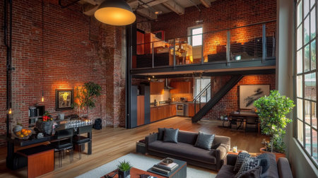 Discover a stylish modern loft featuring exposed brick walls, wooden accents, and an inviting atmosphere, perfect for urban living or interior inspiration.の素材