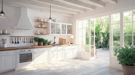 A bright and spacious modern kitchen featuring an open layout and large windows that invite natural light, creating a cozy and inviting atmosphere.の素材