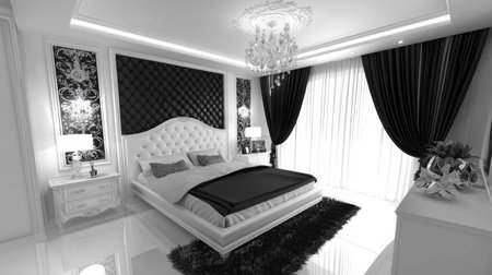 A stunning view of an elegant black and white modern bedroom featuring luxurious dの素材
