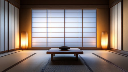 A serene Japanese interior showcasing minimalist design elements. The soft glow from lamps enhances the tranquil atmosphere, perfect for relaxation and contemplation.の素材