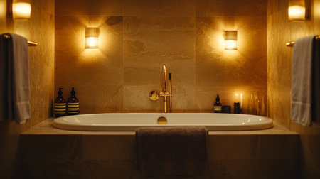This elegant bathroom features a spacious bathtub, soft lighting, and luxurious finishes, creating a tranquil oasis for relaxation and self-care.の素材