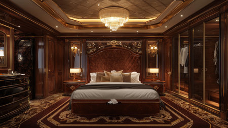 Experience the charm of an opulent bedroom featuring ornate woodwork, elegant chandeliers, and a plush bed, perfect for a cozy retreat.の素材