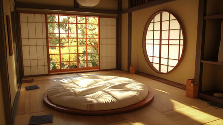 A peaceful Japanese Zen room featuring a circular cushion and large windows that invite natural light and nature views. Perfect for meditation and relaxation.の素材