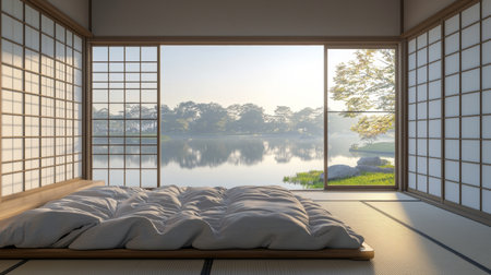 A tranquil Japanese bedroom featuring a soft futon with a stunning view of a serene lake and lush greenery, perfect for relaxation and meditation.の素材