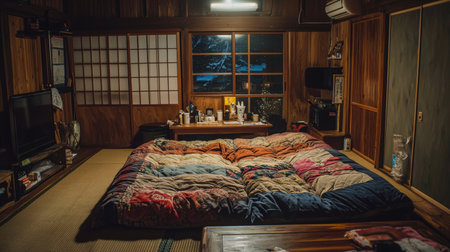 A cozy traditional Japanese room featuring futon bedding with colorful patterns, wooden decor, and a peaceful atmosphere ideal for relaxation and tranquility.の素材