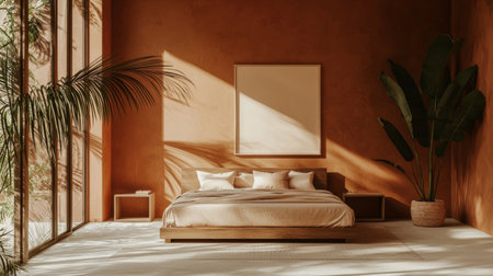 Discover a cozy minimalist bedroom featuring a wooden bed and warm earthy tones. The natural light streaming through large windows creates a serene atmosphere perfect for relaxation.の素材