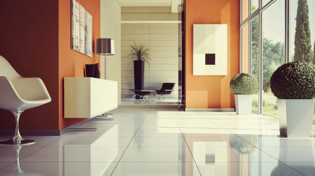 This image features a modern interior design with orange walls, stylish furniture, and bright sunlight illuminating the spacious environment, creating a serene atmosphere.の素材