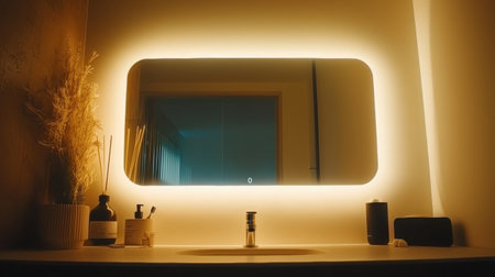 A tranquil bathroom showcasing a sleek mirror and ambient lighting. The minimal decor and natural elements create a serene atmosphere ideal for relaxation and rejuvenation.の素材