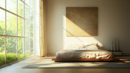 This serene bedroom showcases large windows inviting abundant sunlight, enhancing a modern and minimalist aesthetic with natural elements.の素材
