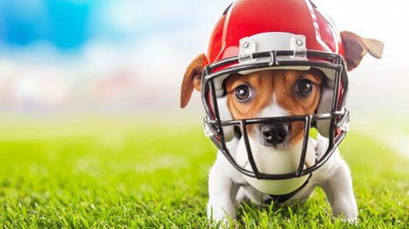 A charming puppy sporting a football helmet poses on a lush green grass field, radiating excitement and playfulness, perfect for sports-themed content.の素材