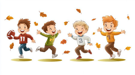 A lively cartoon illustration of cheerful boys playing football amidst falling autumn leaves, capturing the joy and energy of childhood in a picturesque outdoor setting.の素材