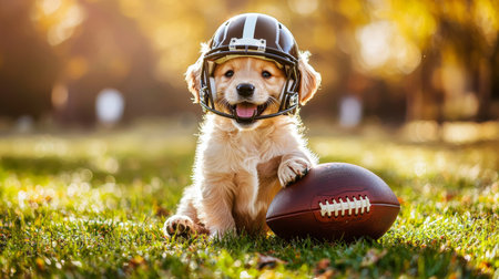 A cheerful puppy wearing a football helmet, poised with a ball on green grass, captures the joy of outdoor play and the spirit of sportsmanship. Perfect for pet lovers!の素材