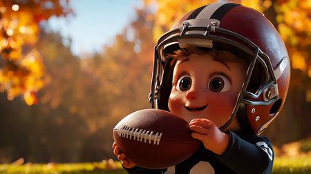 A delightful child in a football helmet smiles while holding a ball in a colorful autumn landscape. The scene captures the essence of youth and sport.の素材