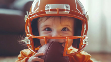 An adorable baby wearing a bright orange football helmet holds a small ball, showcasing a delighted smile. The warm atmosphere brings joy to the moment.の素材