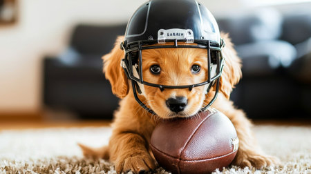 A charming golden retriever puppy wears a football helmet while resting on a plush rug. This playful scene captures the essence of joy and companionship in a cozy home environment.の素材