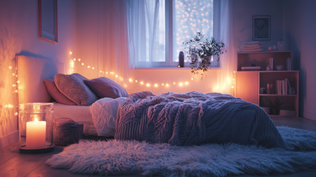 A serene bedroom scene featuring soft bedding, fairy lights, and a cozy atmosphere. The room exudes warmth, inviting relaxation and tranquility during the night.の素材