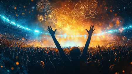 A vibrant crowd celebrates under a spectacular fireworks display at a concert. The energy in the stadium is electric as fans enjoy the thrilling performance.の素材