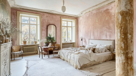 A cozy minimalist bedroom showcasing vintage decor, warm tones, and natural light. This serene space invites relaxation and comfort with elegant furnishings and calming aesthetics.の素材