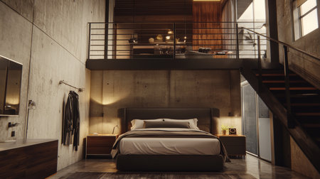 This stunning modern loft bedroom features an industrial design with a cozy ambiance. The concrete walls, stylish furniture, and elegant decor create a serene retreat.の素材