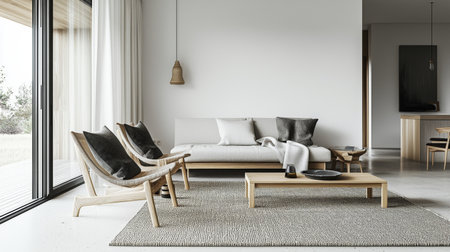 Discover a serene living room setting highlighting minimalist design with natural light, cozy furniture, and elegant decor that fosters relaxation and style.の素材