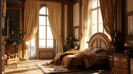 A beautifully designed bedroom featuring rich wood furnishings and soft, warm tones. Abundant natural light floods the space, creating a tranquil and inviting atmosphere.の素材