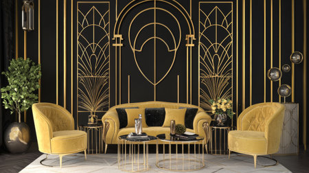 A stylish living room showcasing yellow furniture and gold accents, featuring elegant walls and lush plants, ideal for modern interior design inspiration.の素材