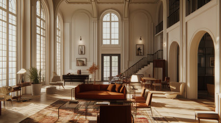 This image showcases an elegant and bright interior living space featuring vintage textiles and modern furniture. Sunlight streams through large windows, creating a warm atmosphere.の素材