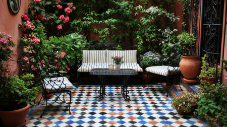 A beautiful garden patio featuring vibrant flowers, cozy seating, and decorative tiles invites relaxation and tranquility in an outdoor space. Perfect for leisure.の素材