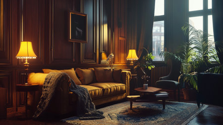 A beautifully designed living room featuring warm lighting, a comfortable sofa, and elegant decor, perfect for creating a cozy and inviting atmosphere.の素材